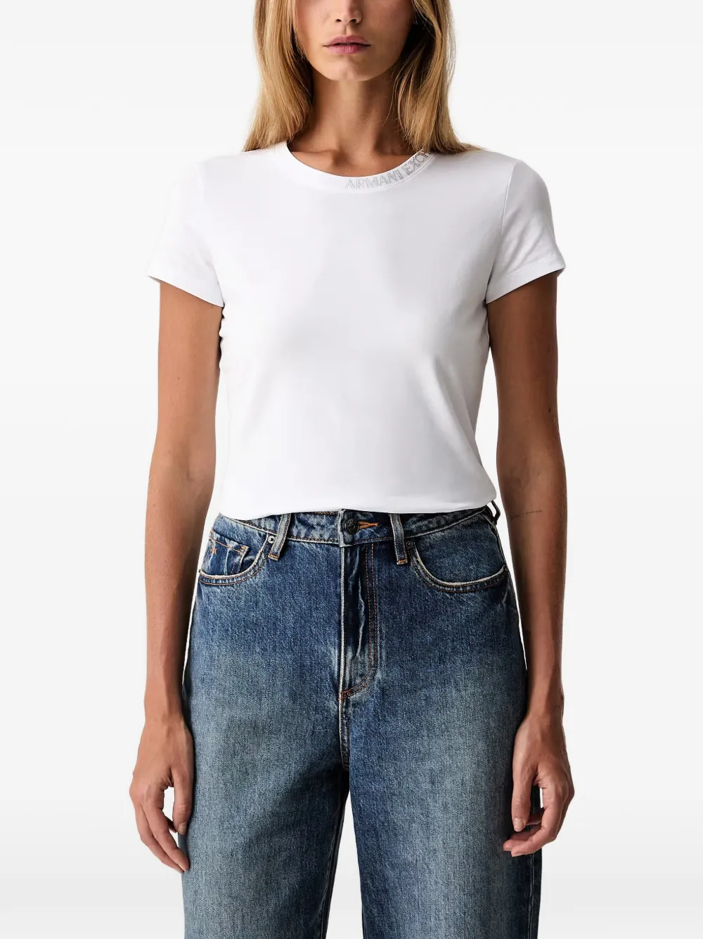 Armani Exchange rhinestone-logo T-shirt - Bianco
