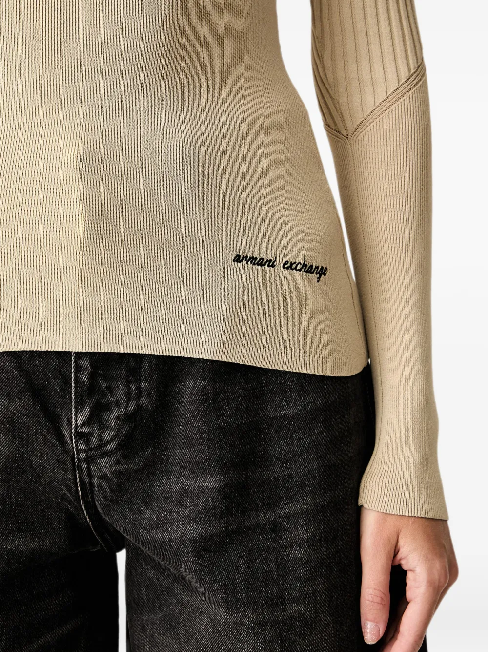 Armani Exchange Geribbelde trui met geborduurd logo Beige