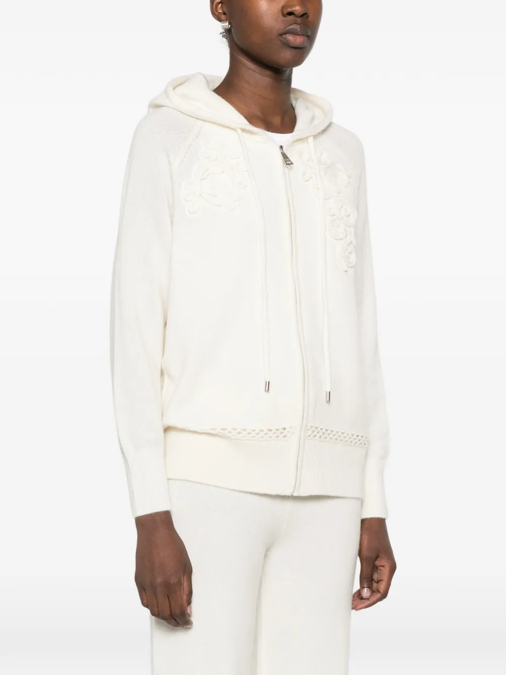 ERMANNO FIRENZE Opengebreide hoodie met geborduurde bloemen Beige