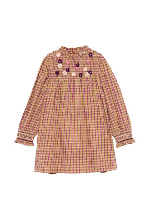 Bonton check-pattern floral-embroidered dress