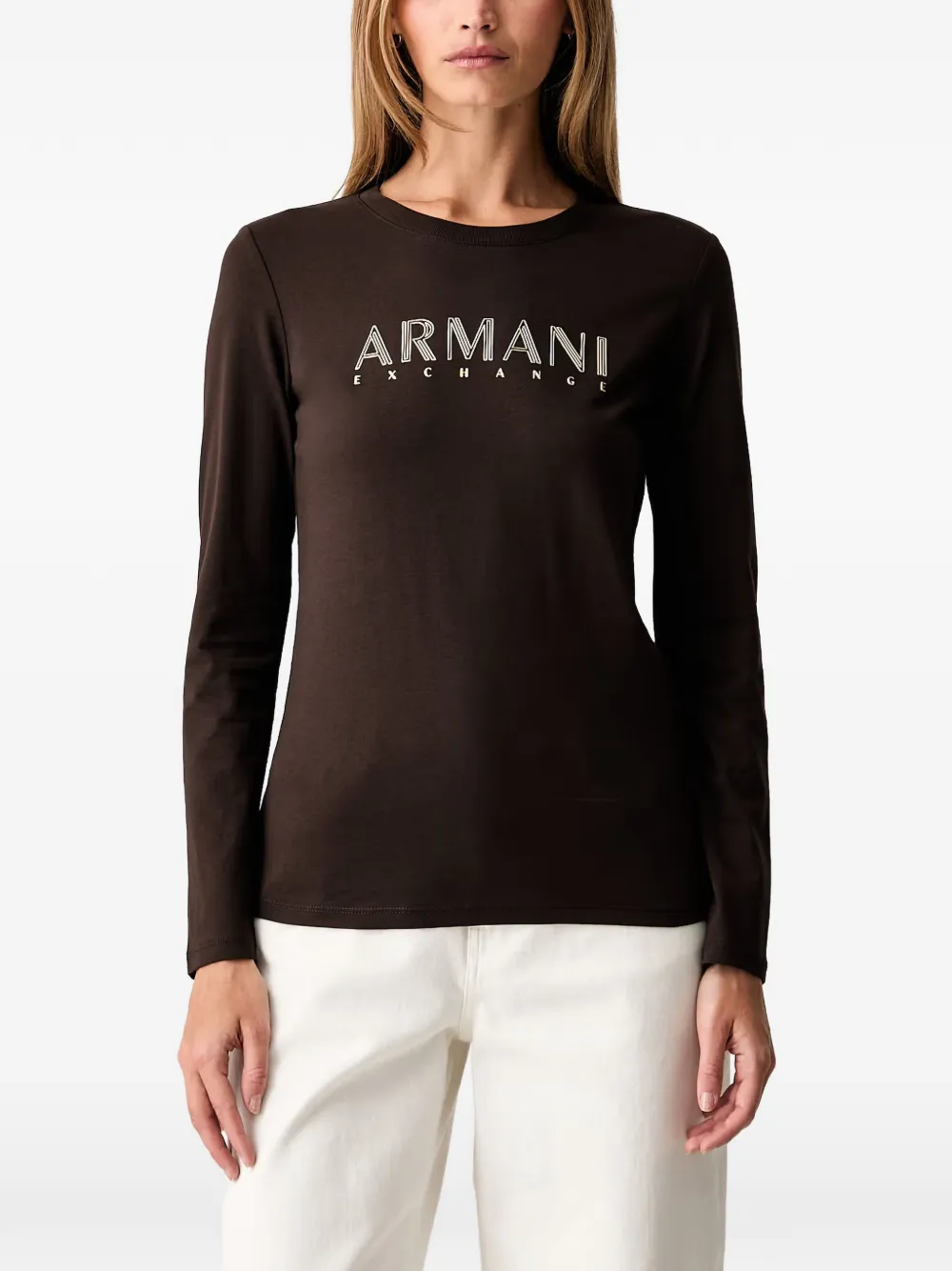 Armani Exchange logo-print long-sleeved T-shirt - Marrone