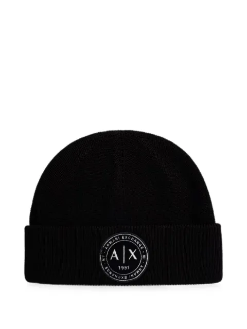 Armani Exchange logo-patch ribbed beanie hat