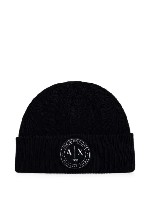 Armani Exchange logo-patch ribbed-knit beanie hat