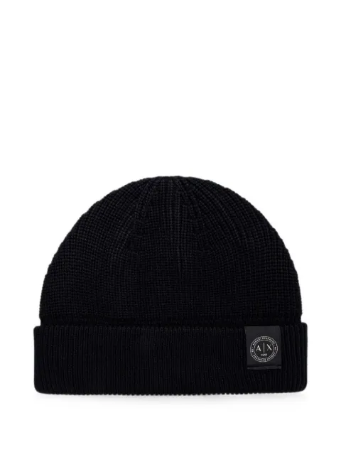 Armani Exchange logo-patch waffle-knit beanie hat