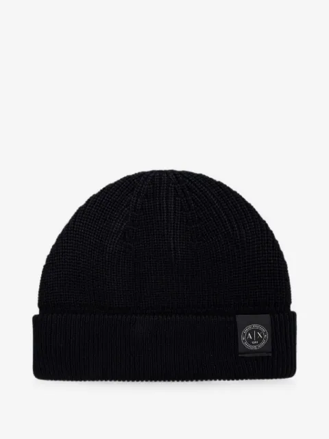 Armani Exchange logo-patch waffle-knit beanie hat