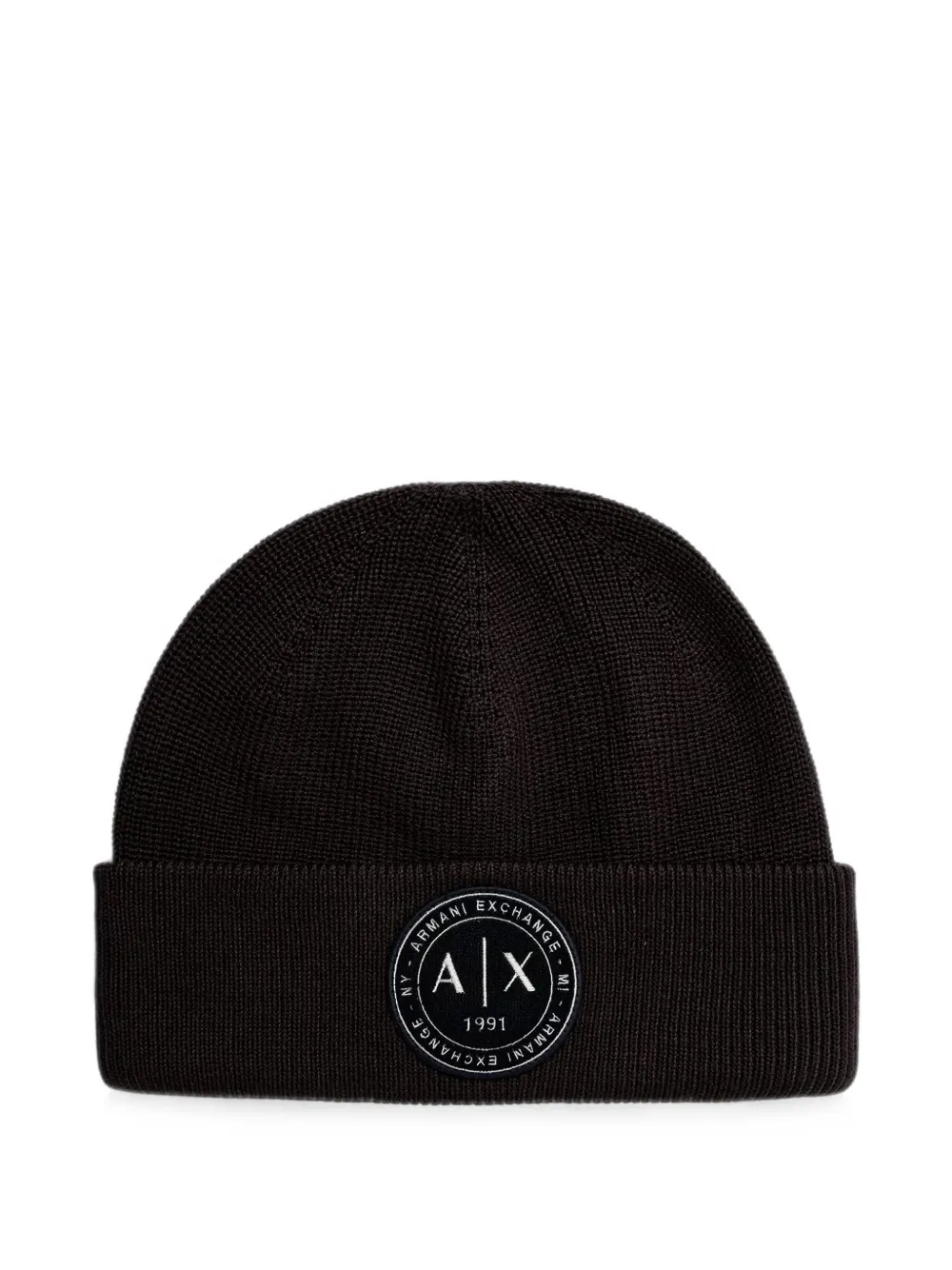 Armani Exchange logo-patch ribbed-knit beanie hat - Marrone