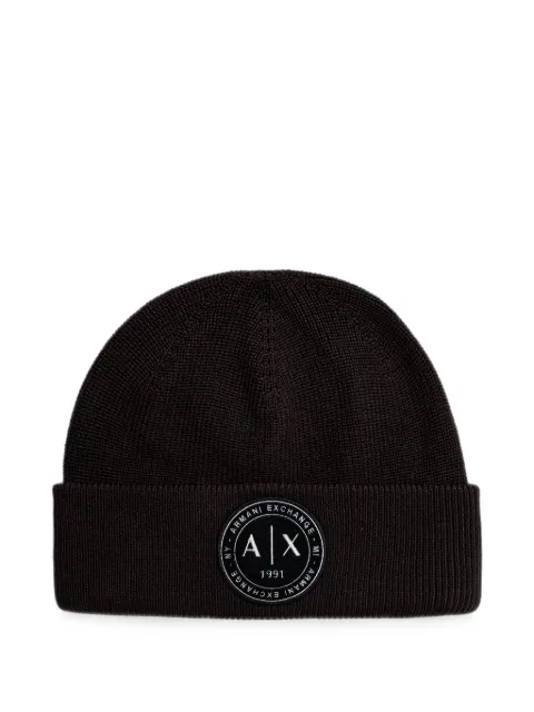 Armani Exchange logo-patch ribbed-knit beanie hat