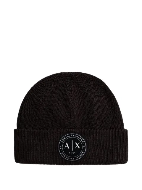 Armani Exchange logo-patch ribbed-knit beanie hat