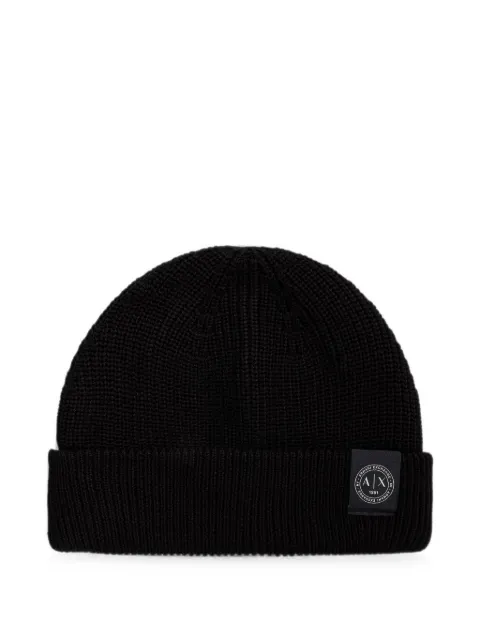 Armani Exchange logo-patch ribbed beanie hat