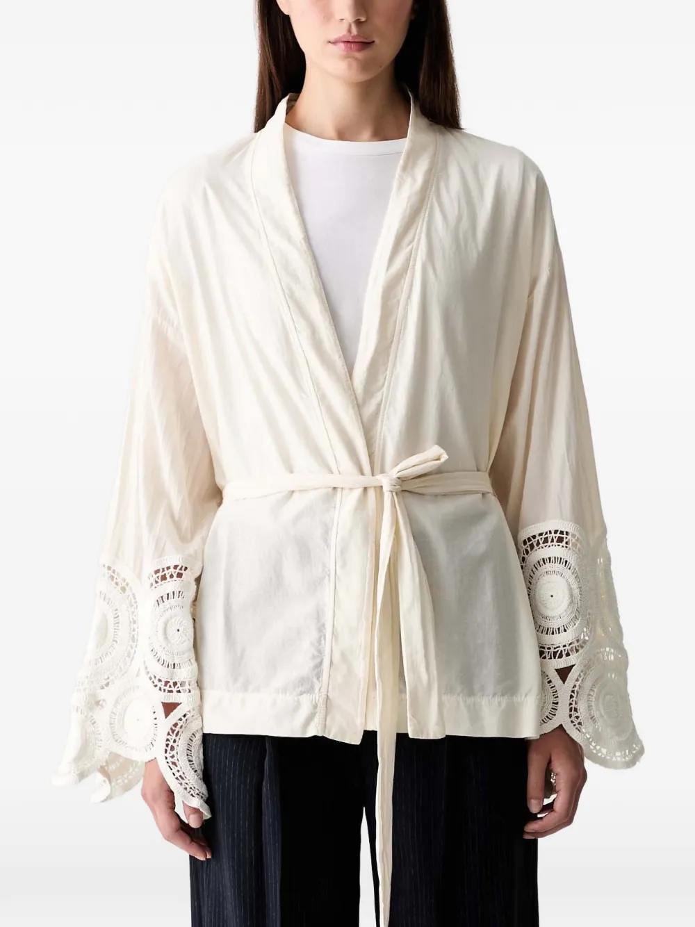 VICOLO crochet-trim belted kimono coat