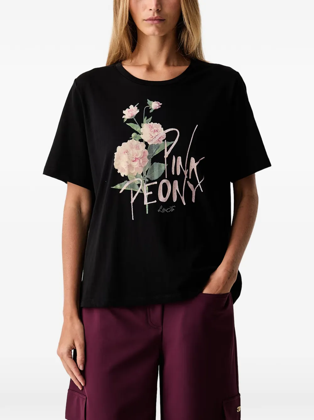 LIU JO floral-print rhinestone-embellished T-shirt - Schwarz