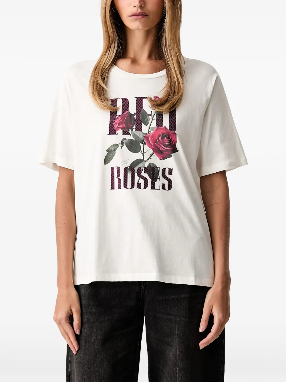 LIU JO rose-print rhinestone-embellished T-shirt - Bianco