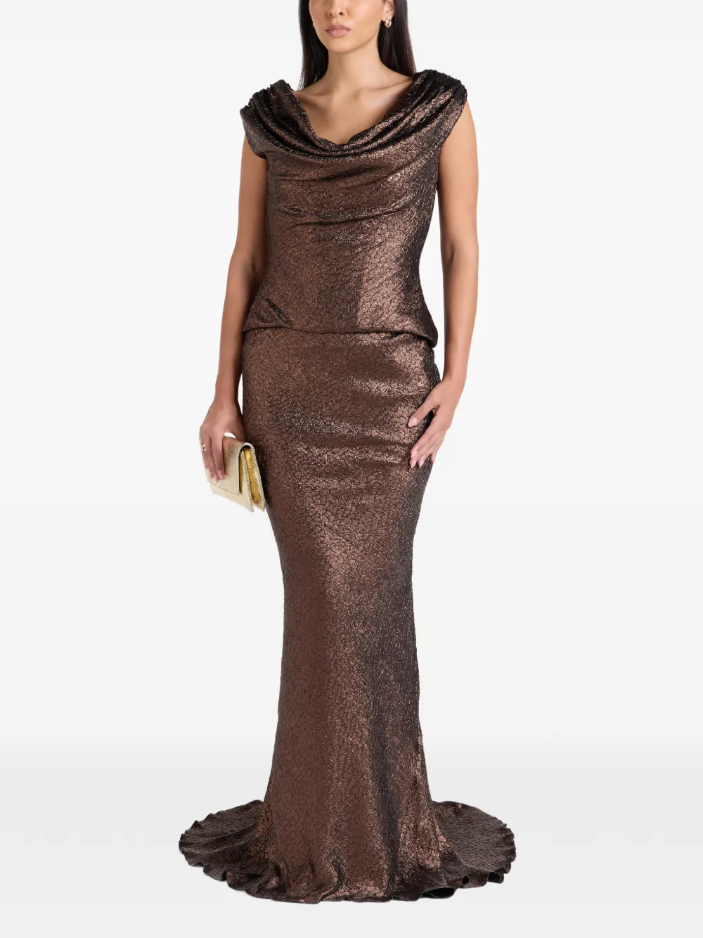 Rhea Costa robe longue Rania à col bénitier - Marron