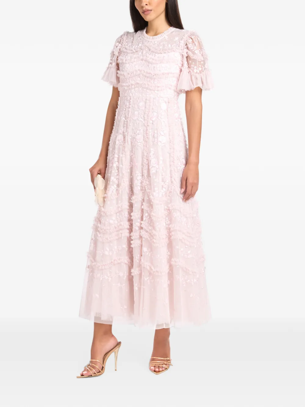 Needle & Thread Gianna Ruffle-trimmed Embroidered Maxi Dress In Pink