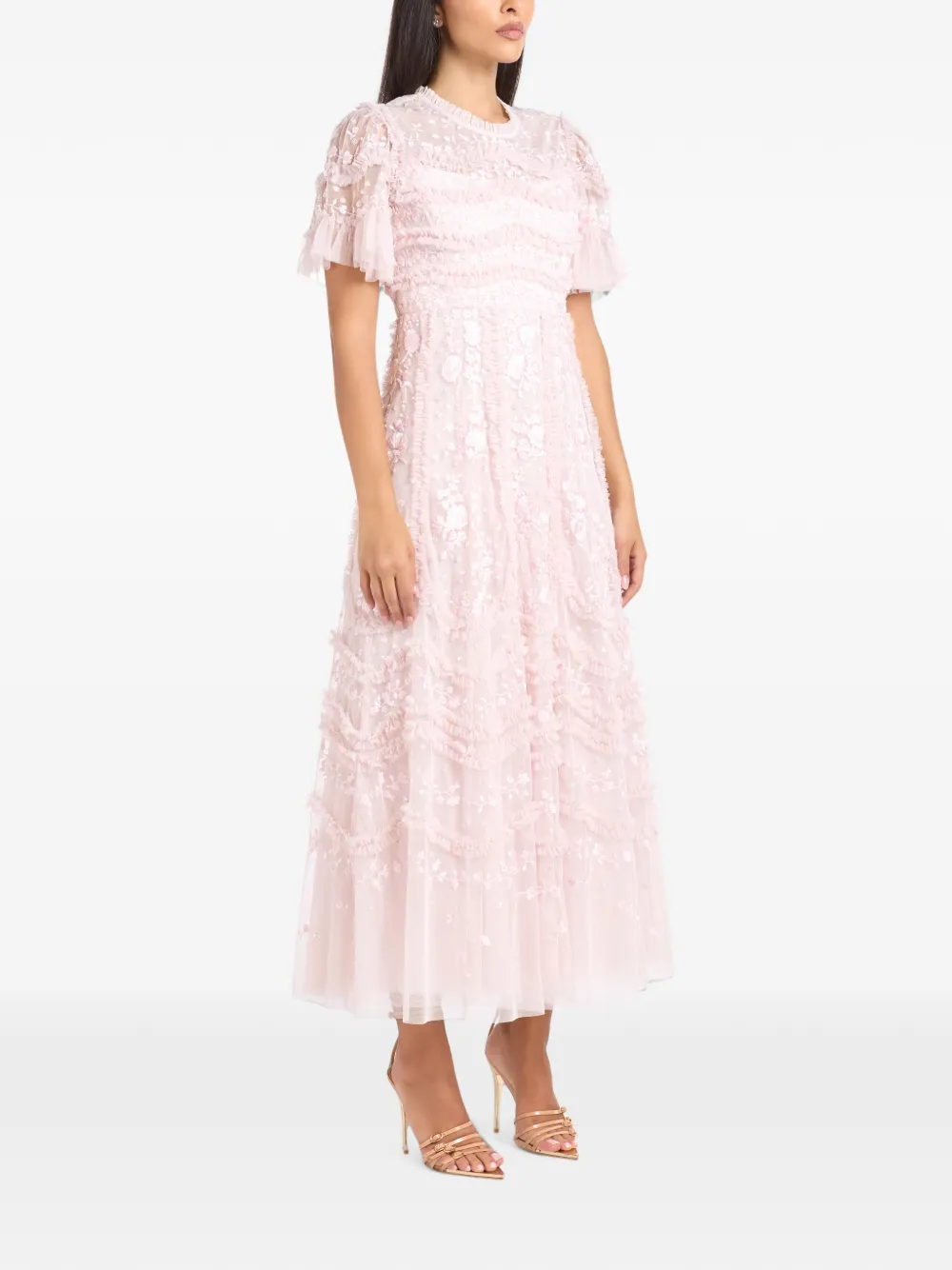 Needle & Thread Gianna ruffle-trimmed embroidered maxi dress Roze