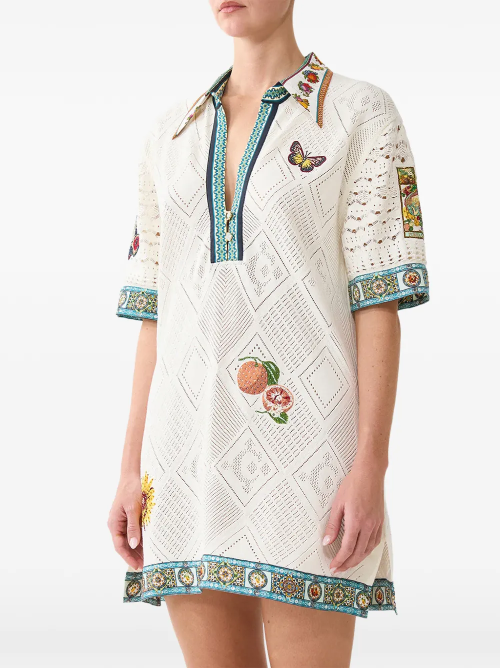 Camilla embroidered pointelle-knit tunic Beige