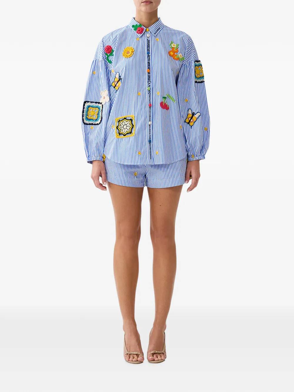 Camilla Magic of the Mercado blouse met verticale streep en gehaakt patchwork Blauw