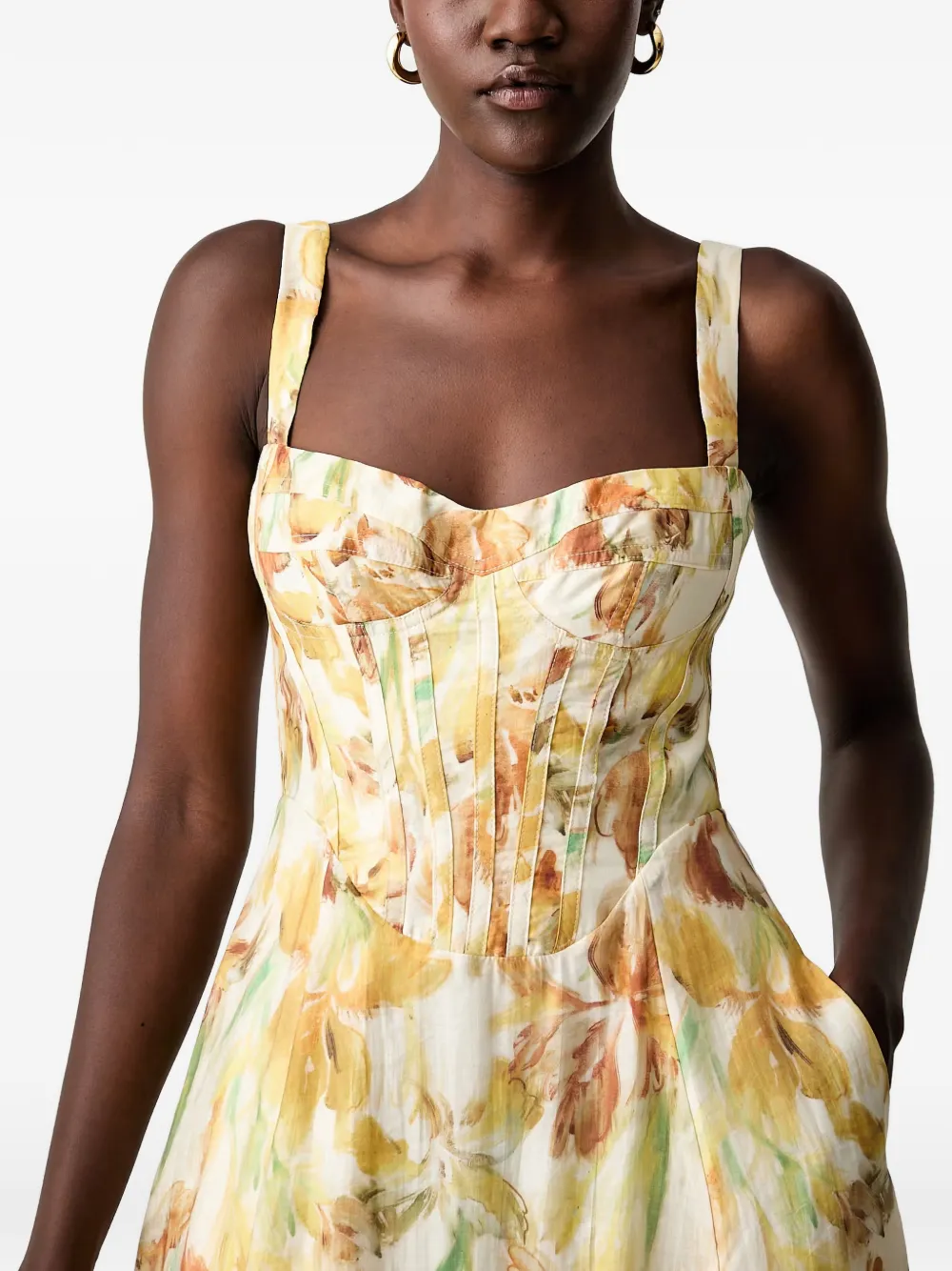 Bardot Adaline korset-stijl midi-jurk met bloemenprint Geel