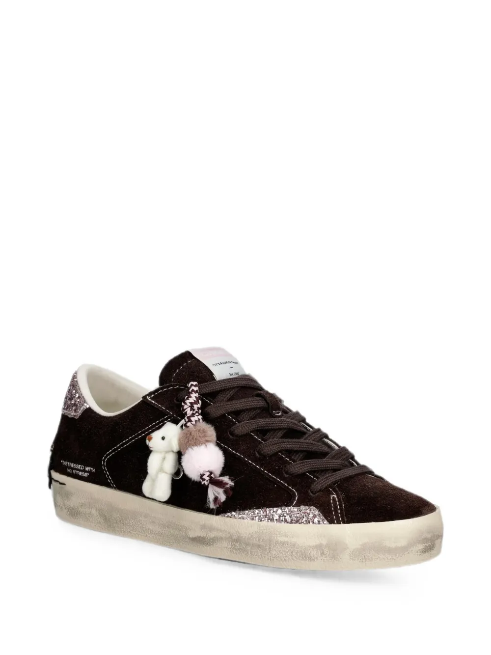 Crime London Distressed glitter-embellished suede sneakers Bruin