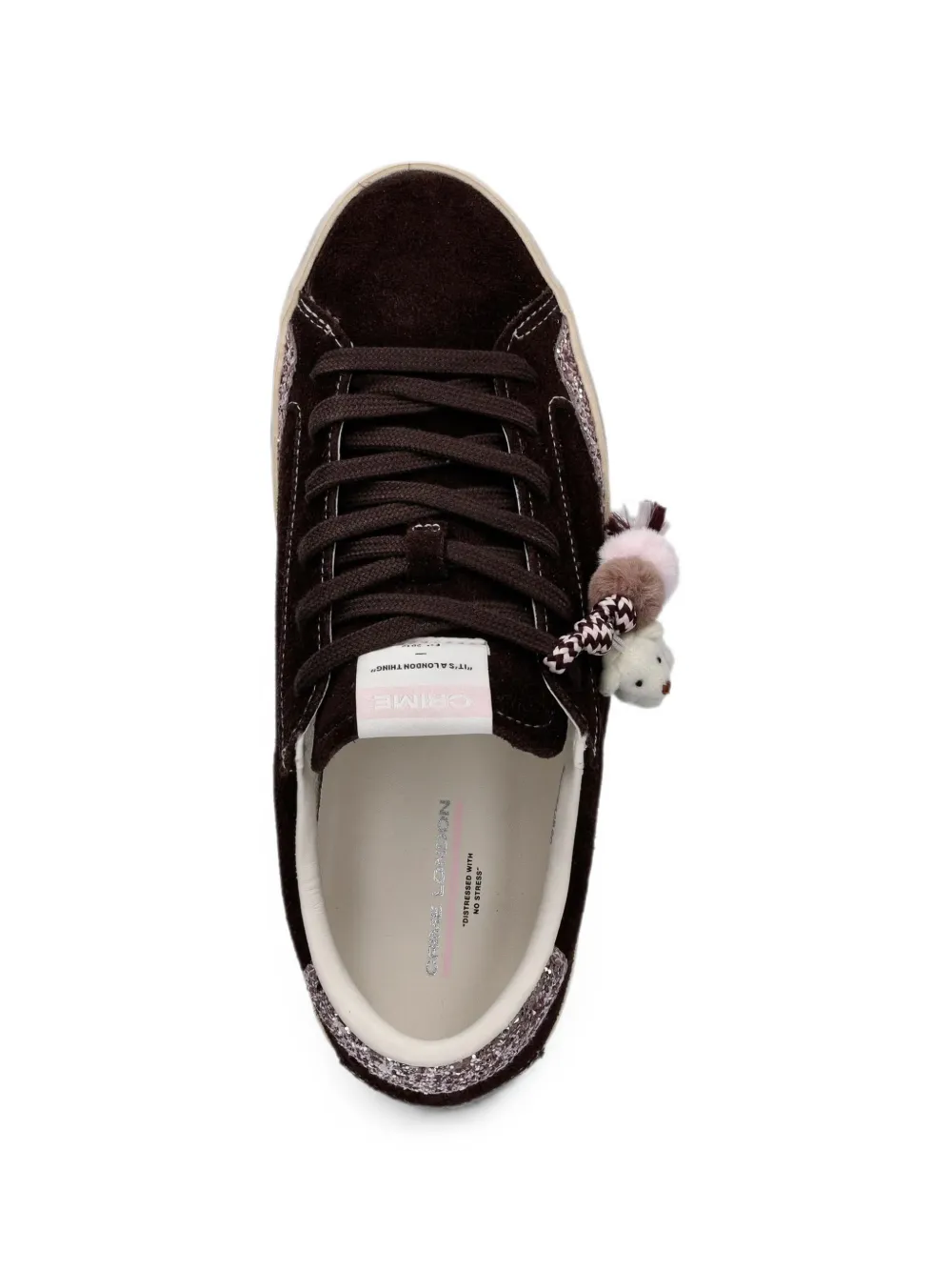 Crime London Distressed glitter-embellished suede sneakers Bruin