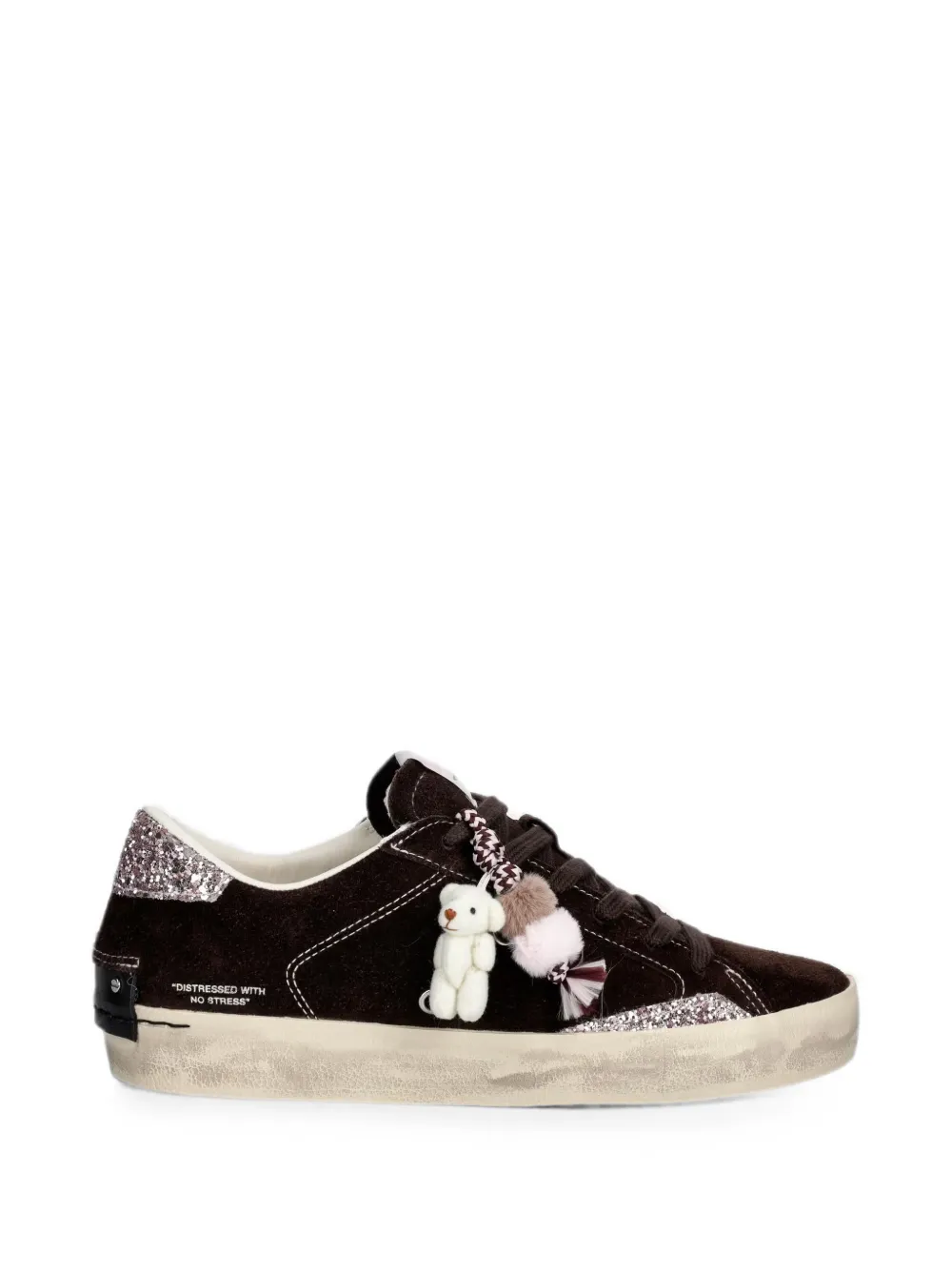 Crime London Distressed glitter-embellished suede sneakers Bruin