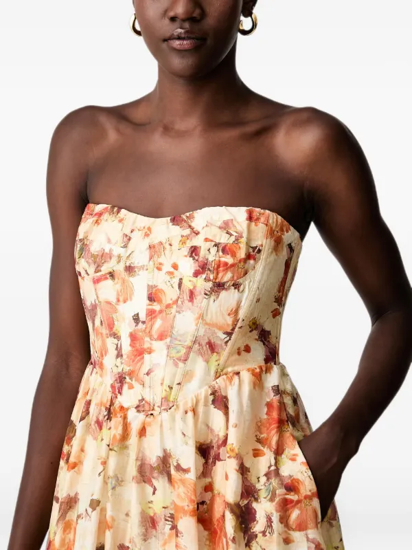 bardot lola corset dress floral-print corset-style Midi | Orange the Bardot Lola Corset OSS Color:custom Black Frill Contrast Bardot Floral