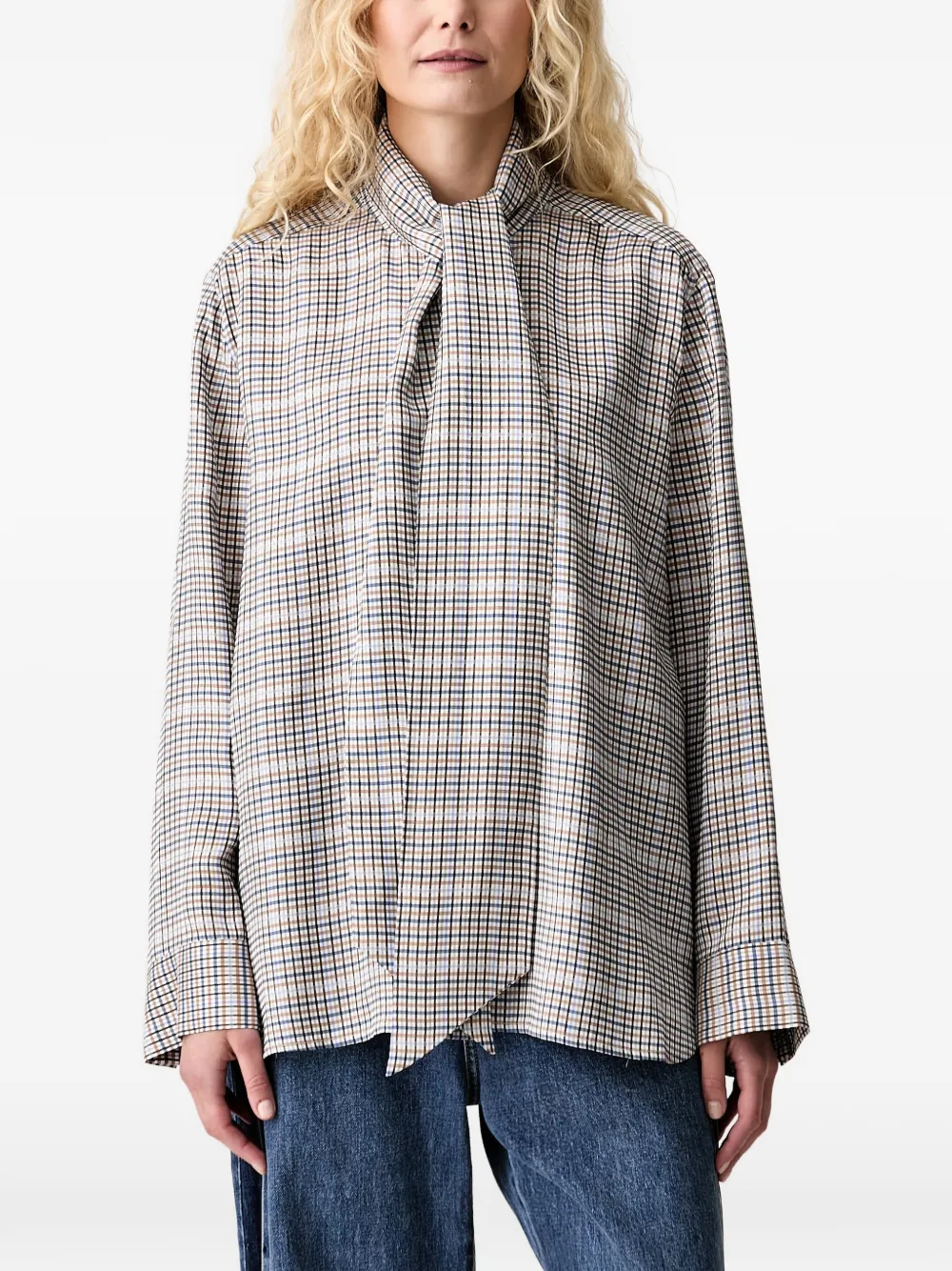Munthe Check-pattern Pussy-bow Blouse In Neutrals