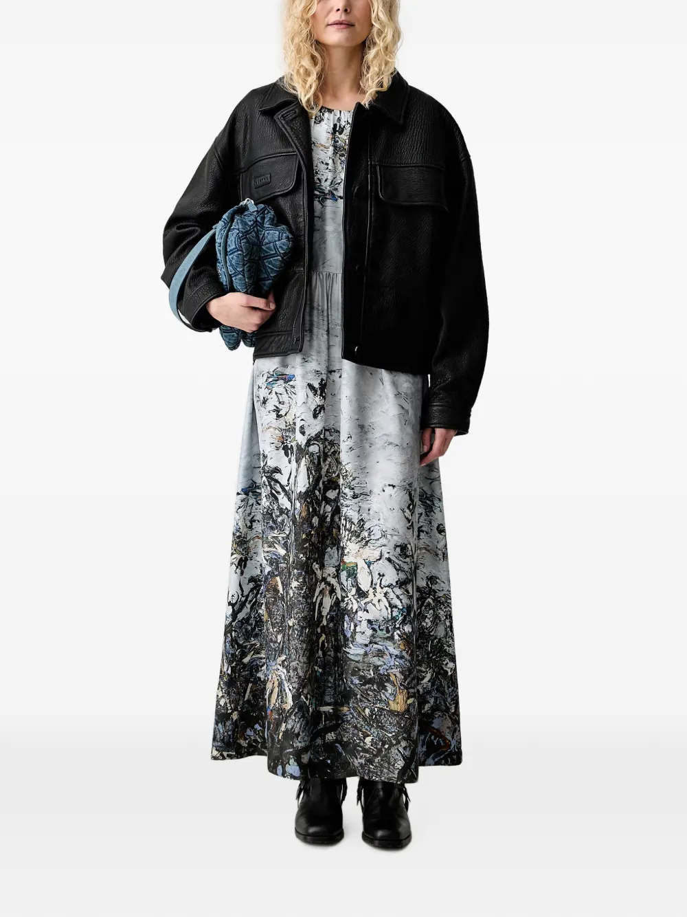 MUNTHE Jurk met abstracte print en pofmouwen Grijs