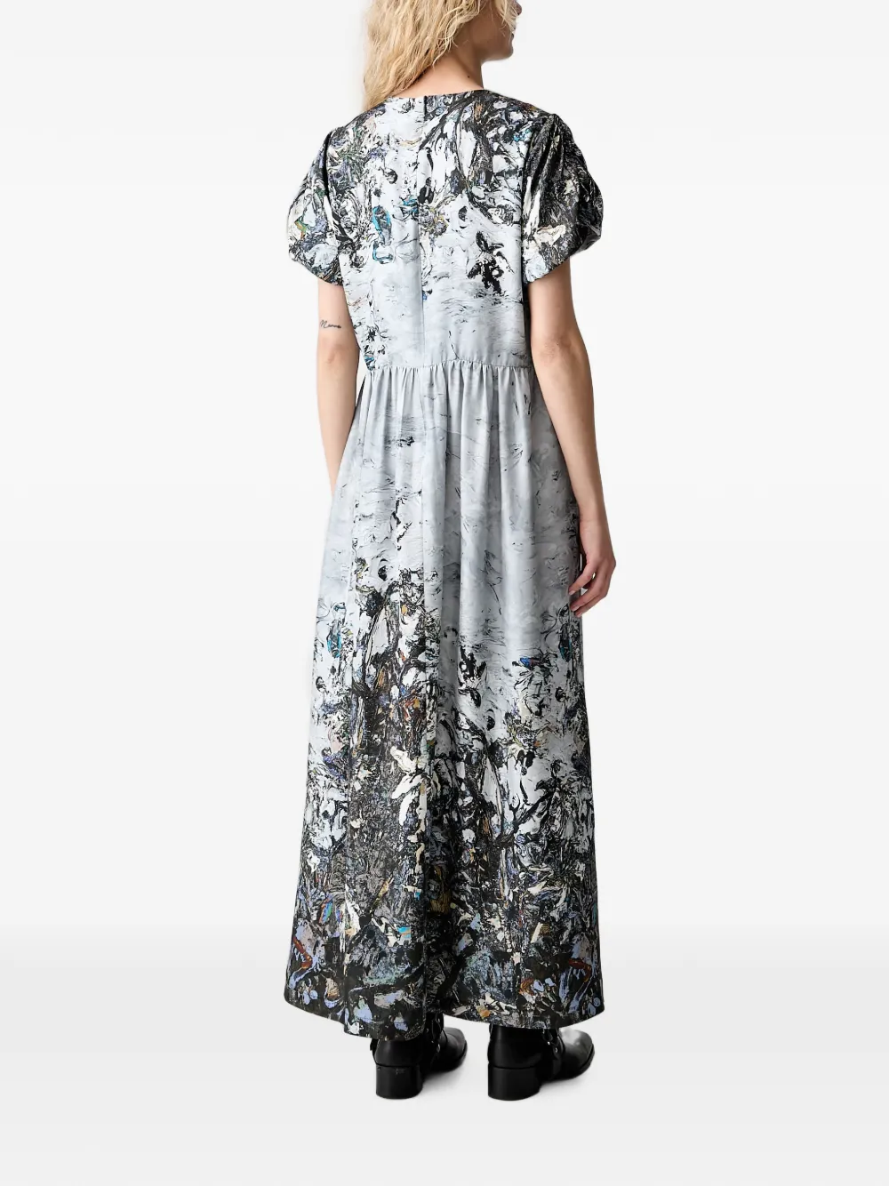 MUNTHE Jurk met abstracte print en pofmouwen Grijs