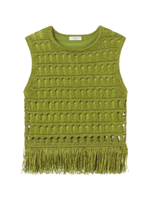 A.L.C. Esme Fringed Pointelle-knit Top in Green