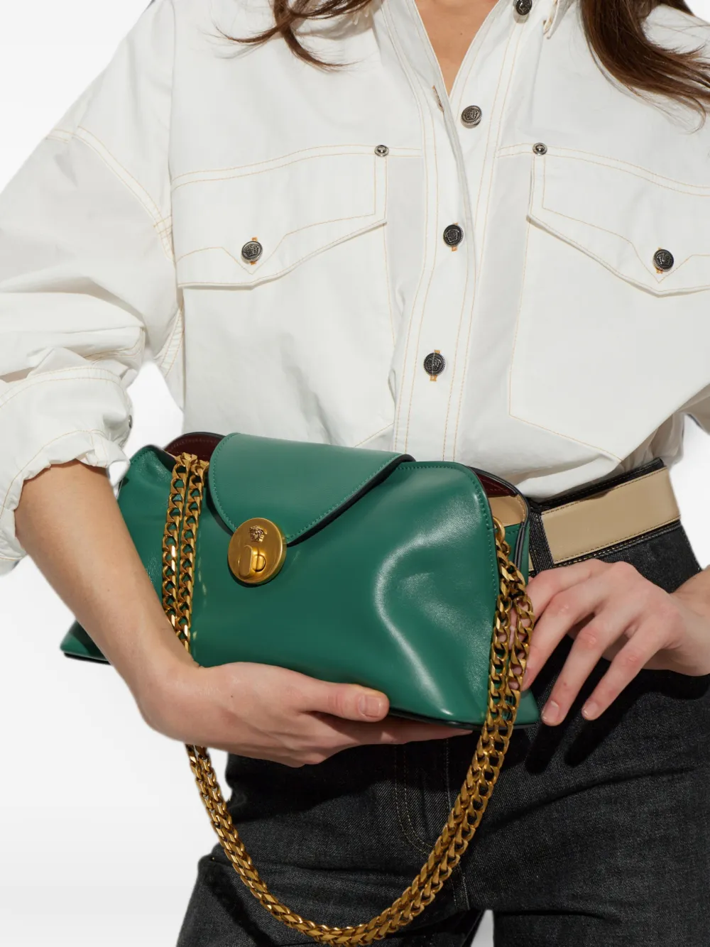 Versace Kleine leren schoudertas met logoplakkaat Groen