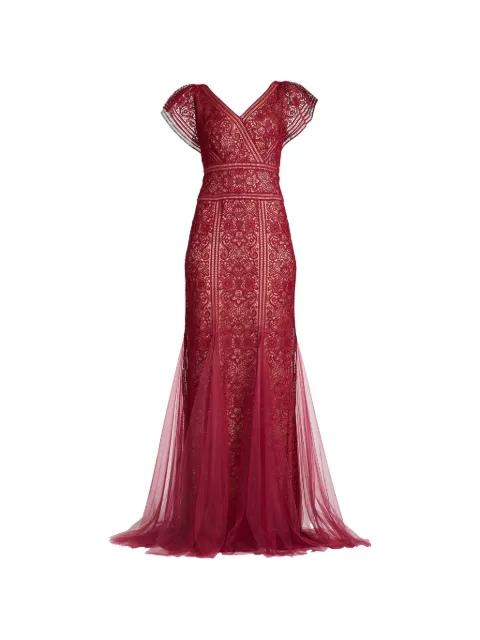Tadashi Shoji Taryn Trackwork lace-overlay maxi gown 