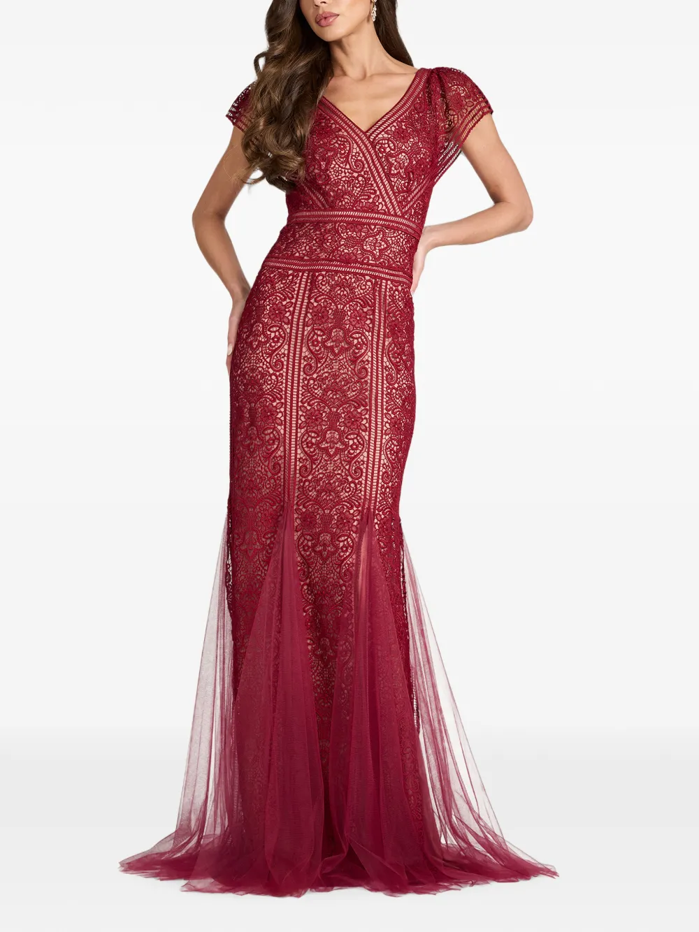 Tadashi Shoji Taryn Trackwork maxi-avondjurk met kanten laag Rood