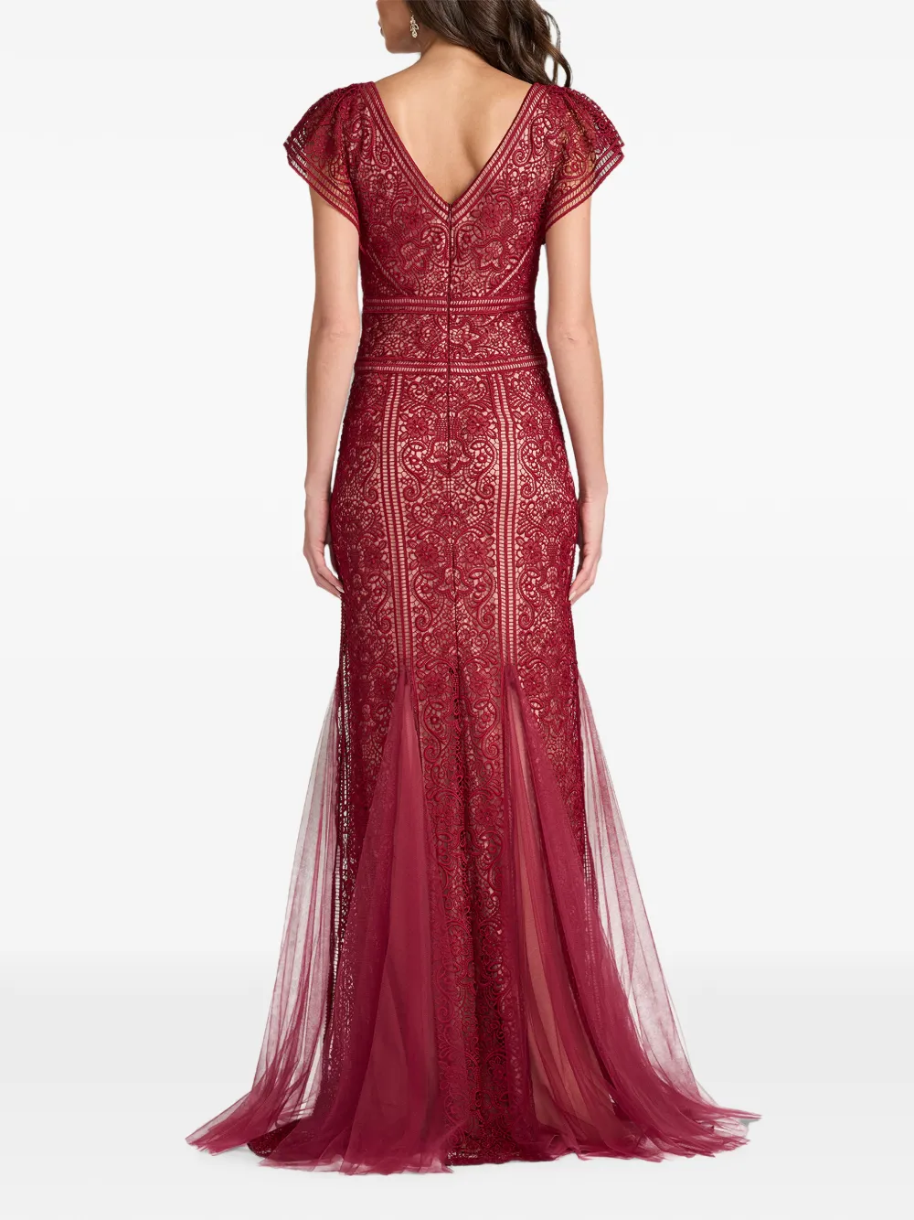 Tadashi Shoji Taryn Trackwork maxi-avondjurk met kanten laag Rood