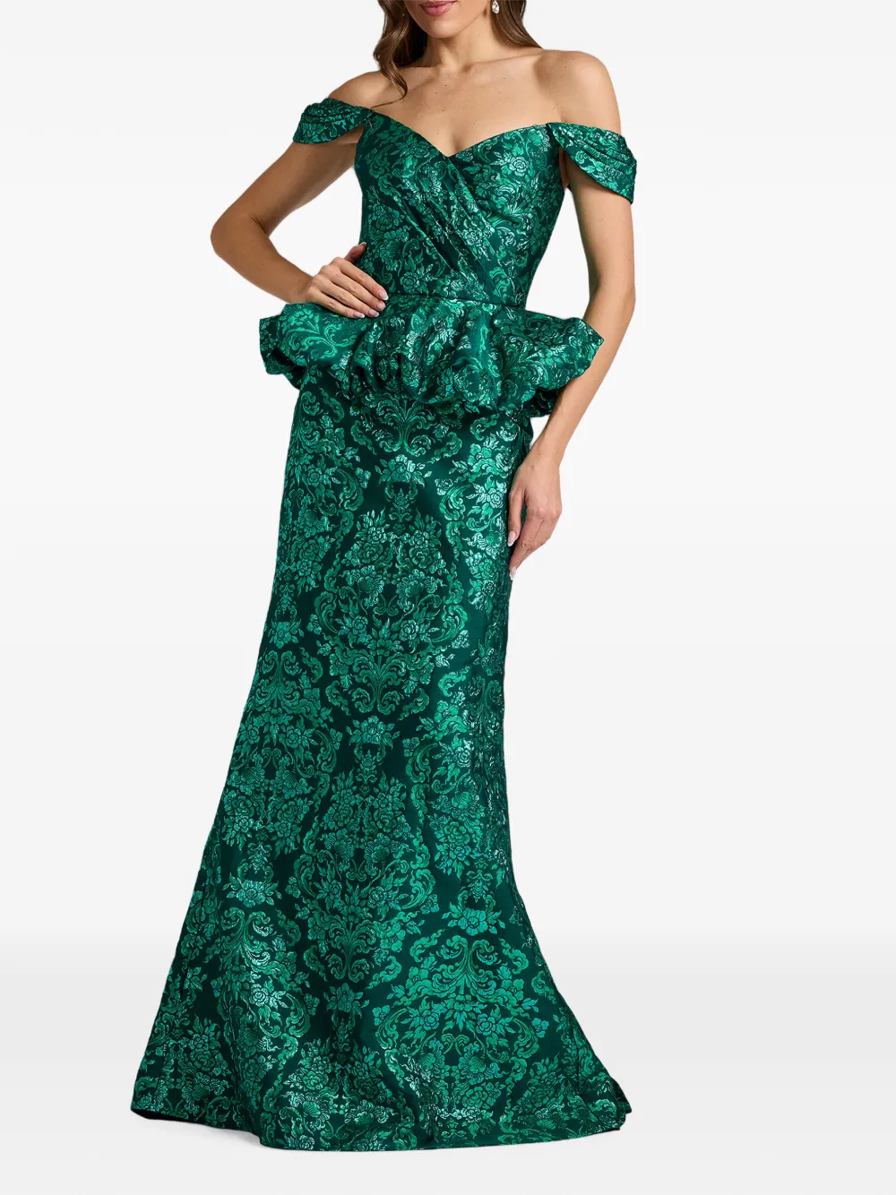 Tadashi Shoji Corliss peplum maxi-jurk met damast-patroon Groen