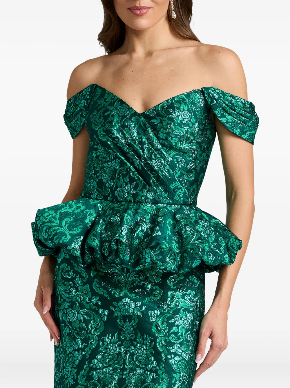 Tadashi Shoji Corliss peplum maxi-jurk met damast-patroon Groen