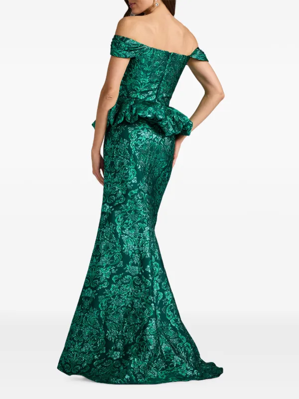 green damask dress Tadashi Shoji Corliss Peplum damask-pattern Maxi | SEQUIN FLORAL APPLIQUE