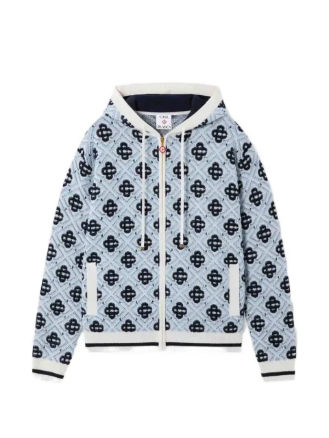Casablanca blue merino monogram zip‑up hooded sweatshirt