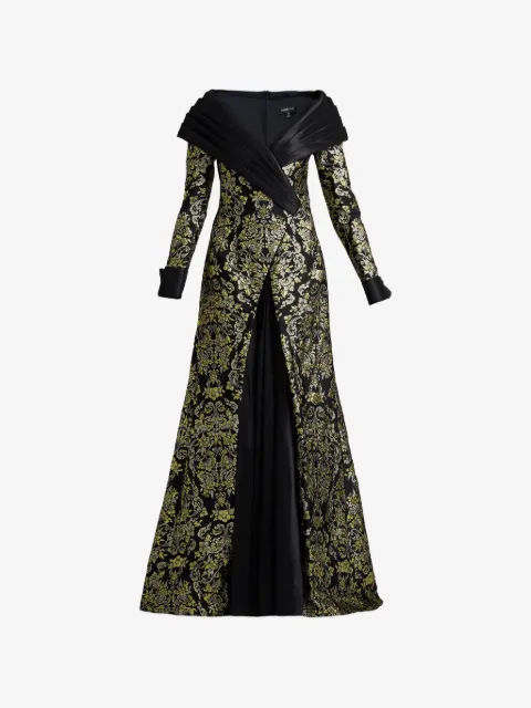 Tadashi Shoji Sorella floral-brocade pleated-collar maxi dress