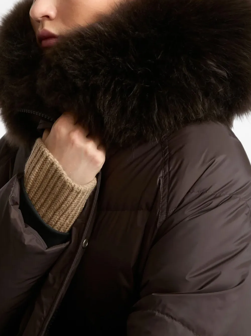 Yves Salomon wool-trim hooded long coat Bruin