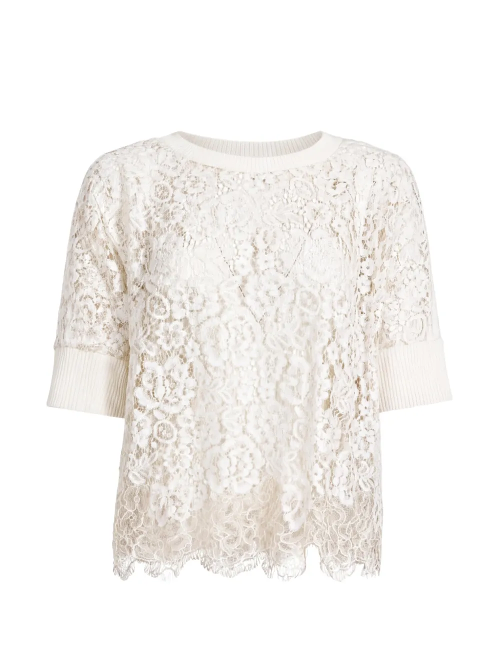 D.Exterior lace-overlay short-sleeve blouse - Bianco