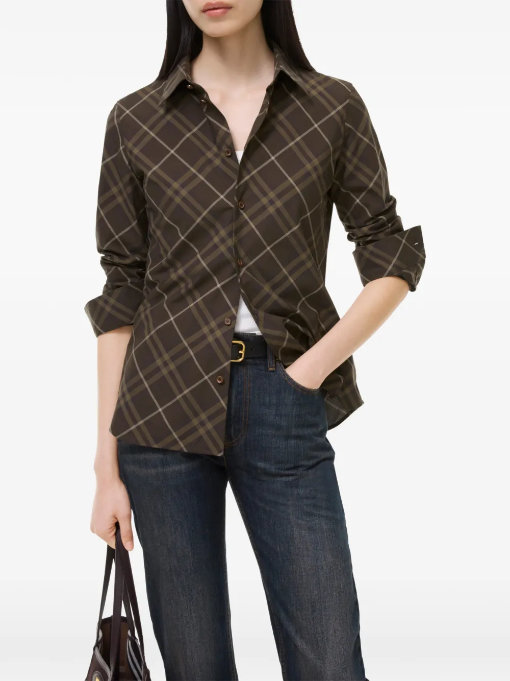 Burberry Check slim-fit katoenen blouse Bruin