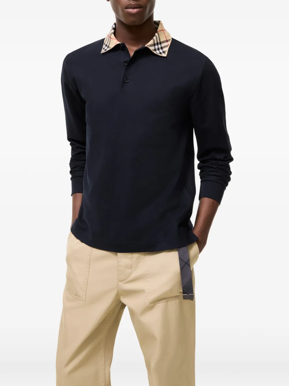 Burberry Katoenen poloshirt met lange mouwen en geruite kraag Blauw