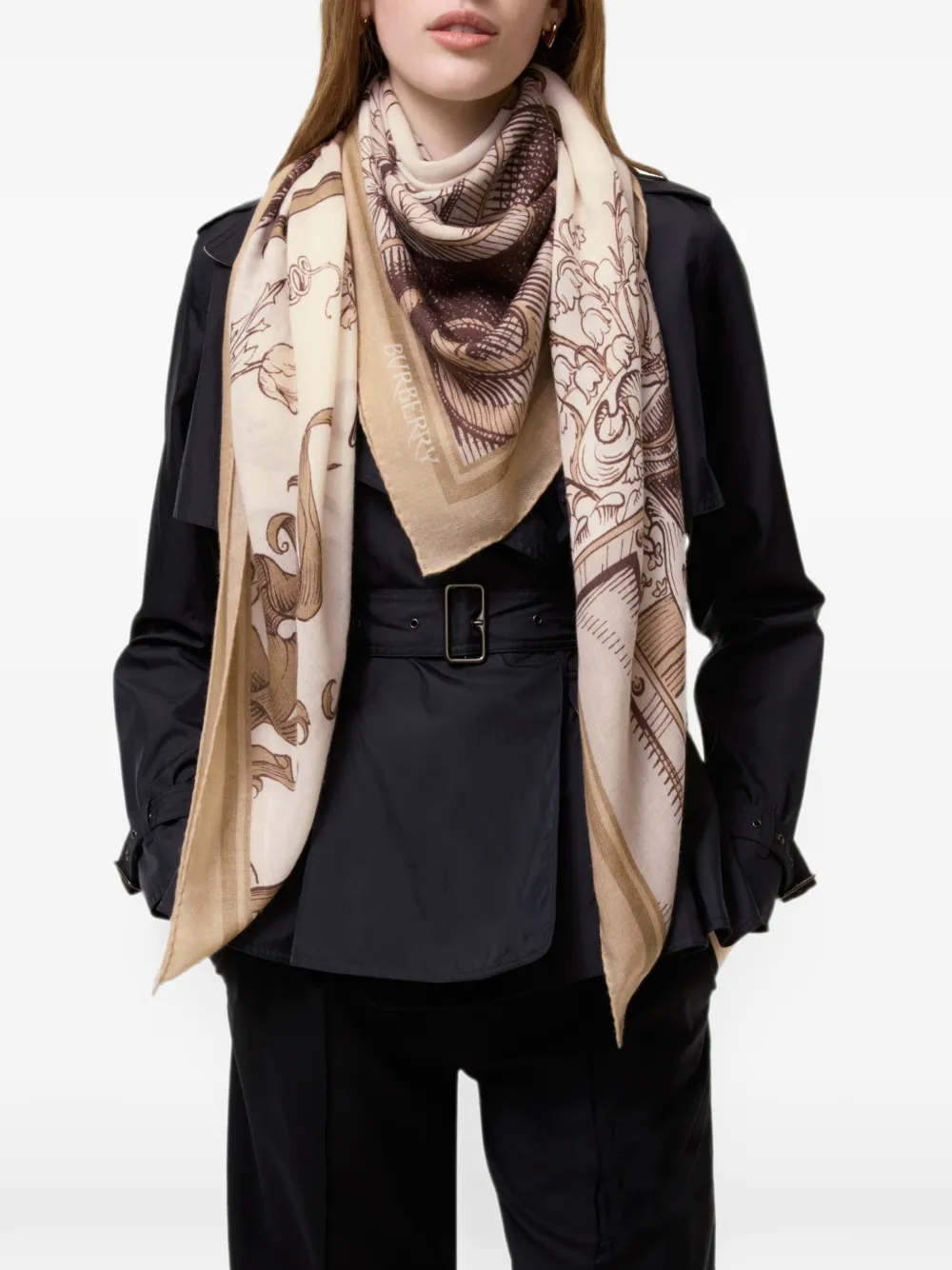 Burberry Etched Knight cashmere silk scarf Beige