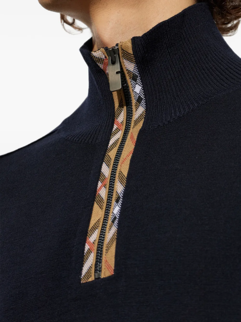 Burberry Wollen trui met halve rits en geruite afwerking Blauw