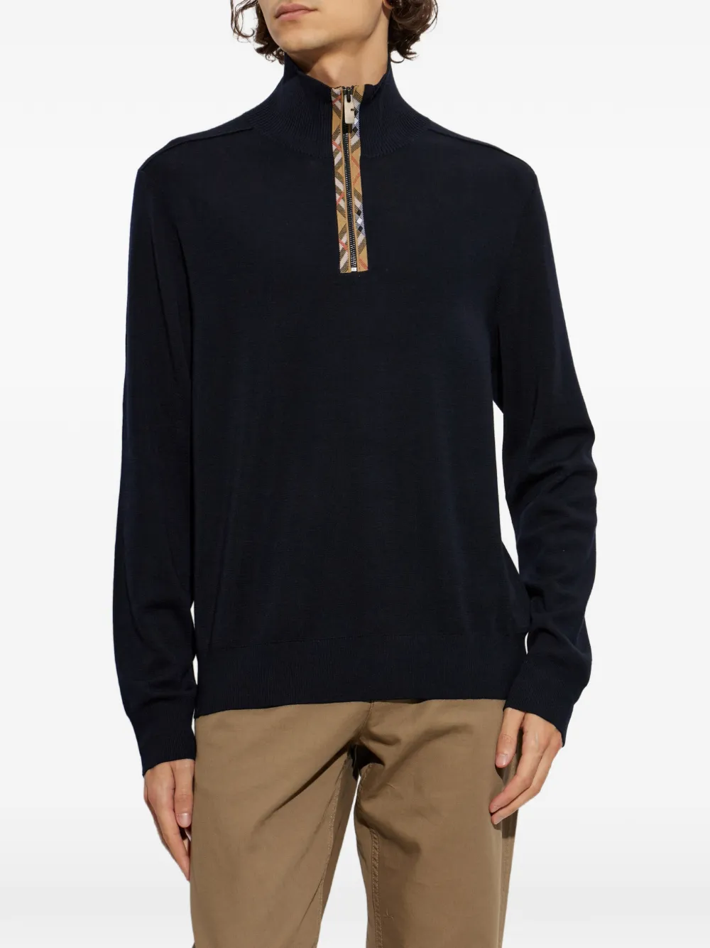 Burberry Wollen trui met halve rits en geruite afwerking Blauw