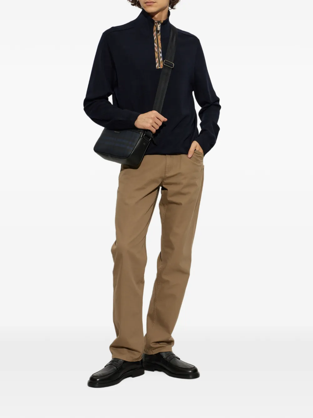 Burberry Wollen trui met halve rits en geruite afwerking Blauw
