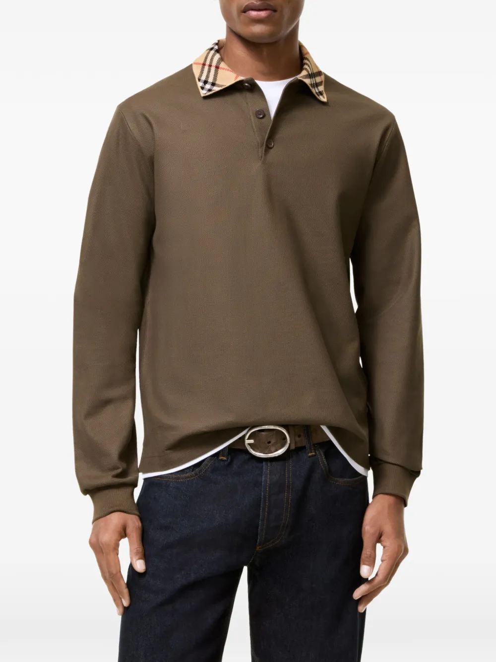 Burberry Katoenen poloshirt met lange mouwen en geruite kraag Bruin