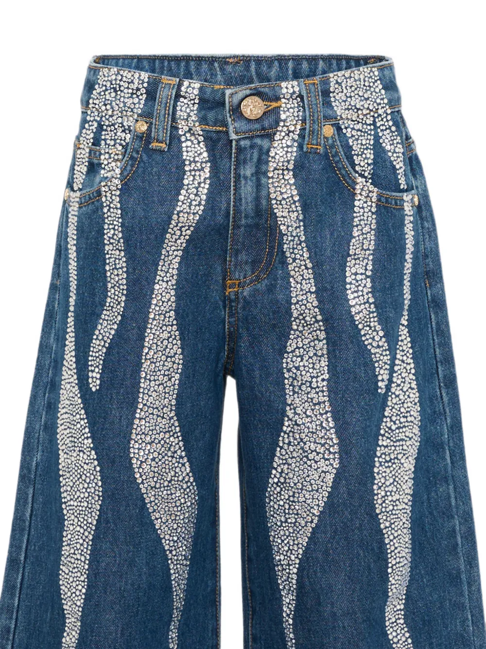 Roberto Cavalli Junior Jeans met wijde pijpen en zebra-patroon verfraaid met stras Blauw