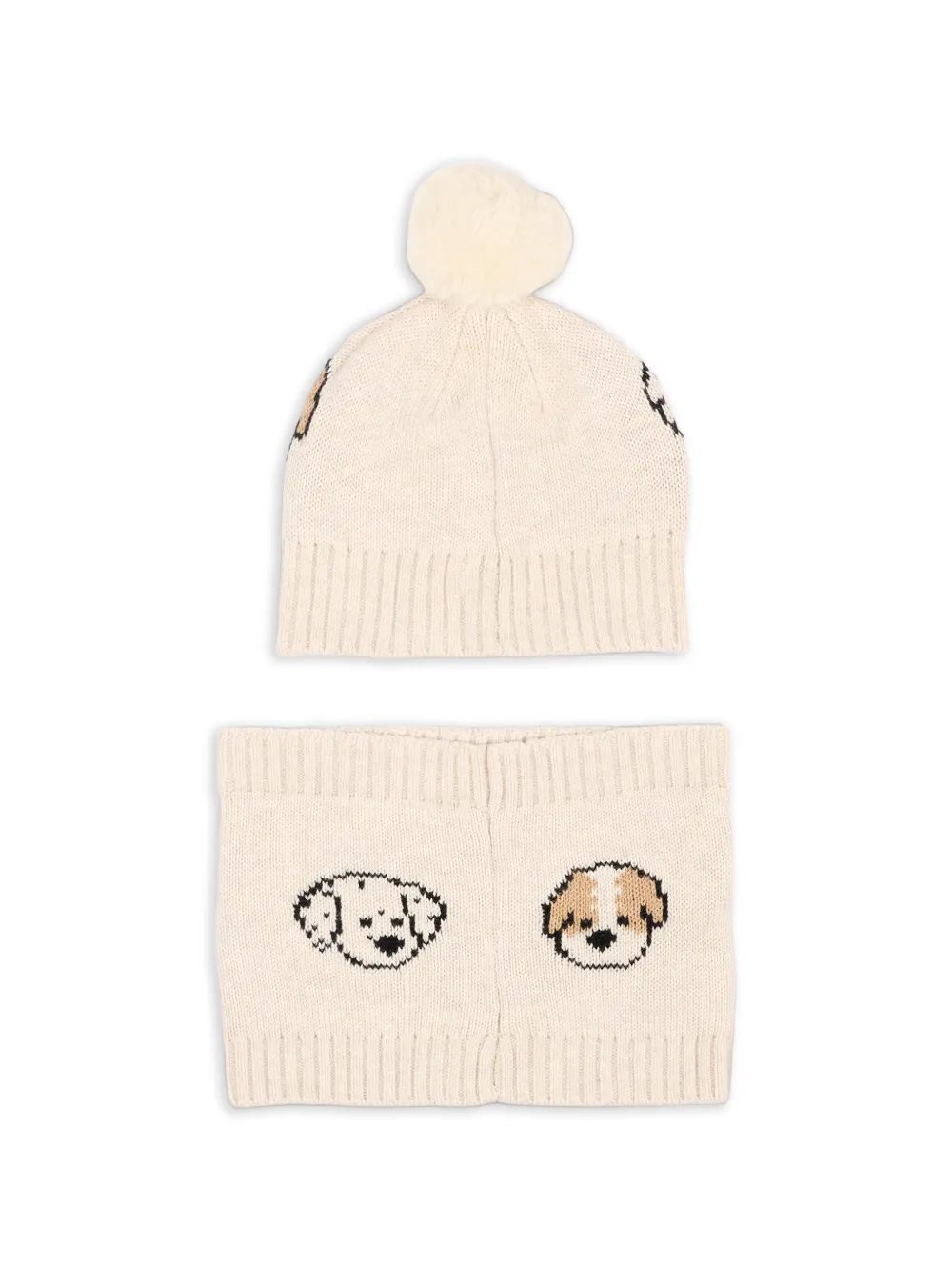 Mayoral Twee muts met hond-intarsia en pompon Beige